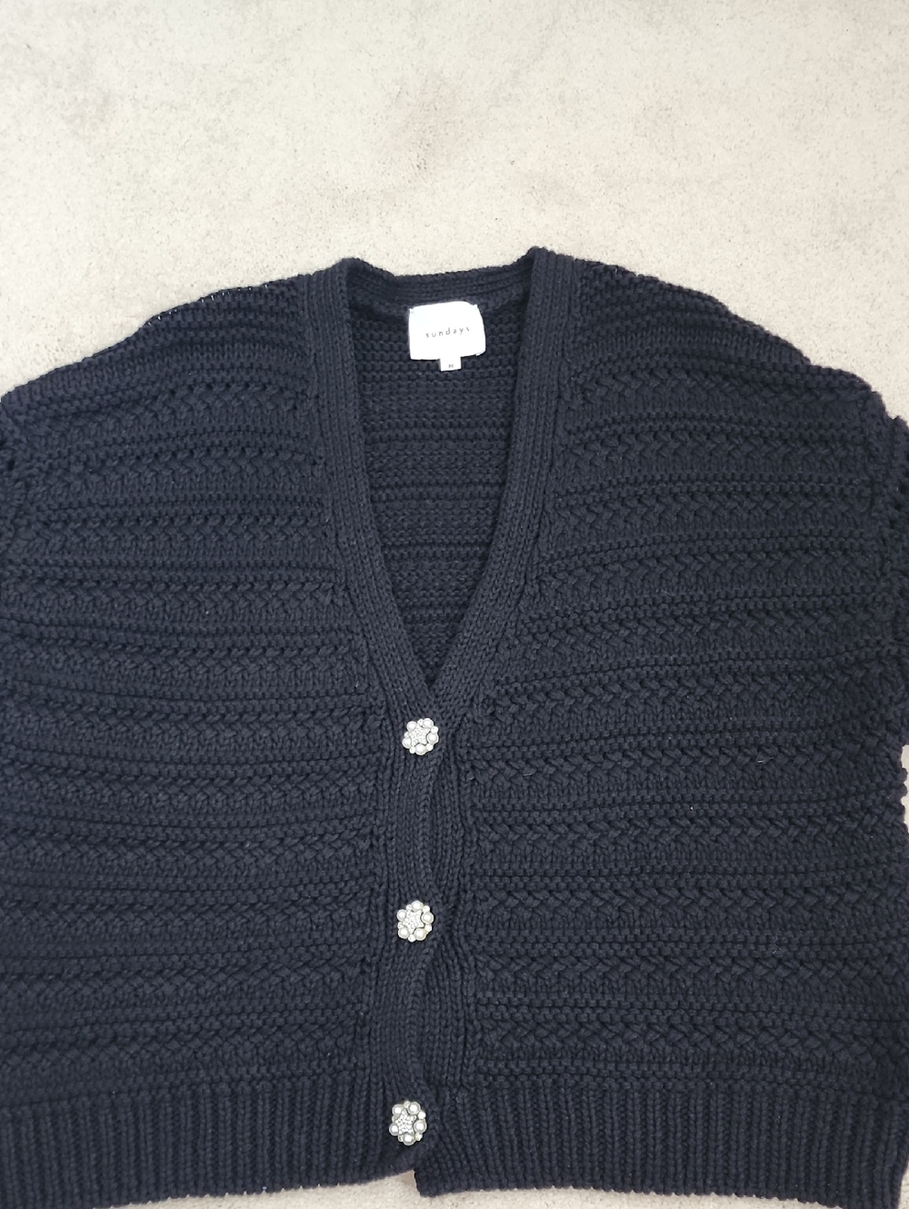 sundays Black  Chunky Knit Cardigan with Jeweled Buttons
